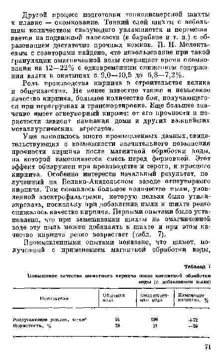 Уже накопилось много промышленных данных, свидетельствующих о возможности значительного повышения прочности кирпича после магнитной обработки воды, на которой замешивается смесь перед формовкой. Этот эффект обнаружен при производстве и серого, и красного кирпича. Особенно интересен начальный результат, полученный на Велико-Анадольском заводе огнеупорного кирпича. Там скопилось большое количество пыли, уловленной электрофильтрами, которую нельзя было утилизировать, поскольку при добавлении пыли к шихте резко снижалось качество кирпича. Первыми опытами было установлено, что при замешивании шихты на омагниченной воде эту пыль можно добавлять к шихте и при этом качество кирпича резко возрастает (табл. 7).