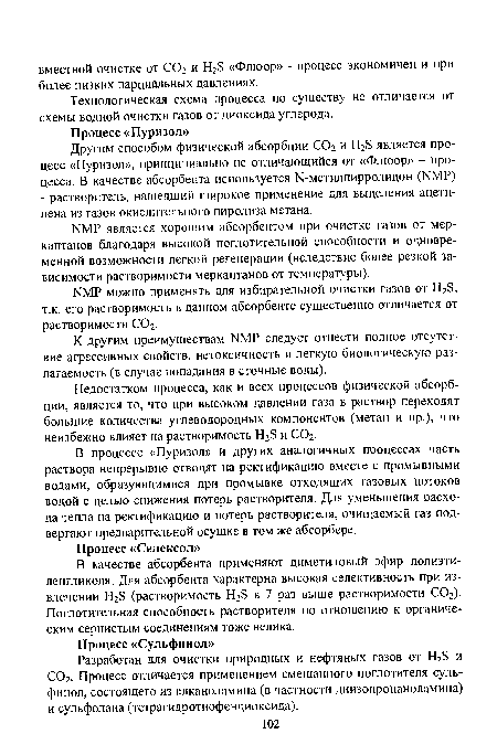 Недостатком процесса, как и всех процессов физической абсорбции, является то, что при высоком давлении газа в раствор переходят большие количества углеводородных компонентов (метан и пр.), что неизбежно влияет на растворимость Н28 и С02.