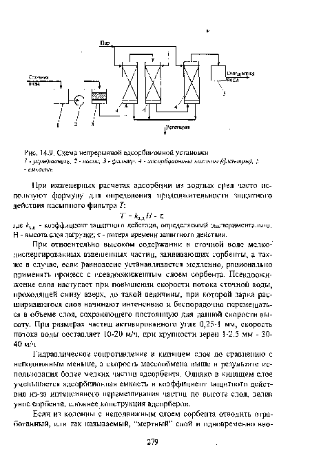 Схема непрерывной адсорбционной установки I -усреднитель; 2 - насос; 3 - фильтр; 4 - адсорбционные колонны (фильтры); 5 - емкость