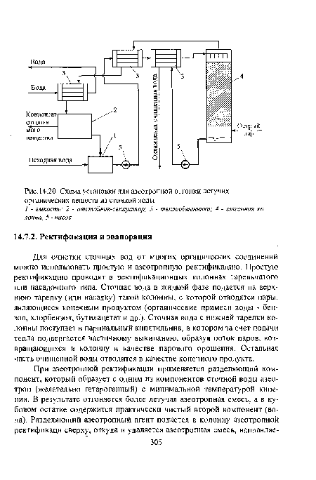 Для очистки сточных вод от многих органических соединений можно использовать простую и азеотропную ректификацию. Простую ректификацию проводят в ректификационных колоннах тарельчатого или насадочного типа. Сточная вода в жидкой фазе подается на верхнюю тарелку (или насадку) такой колонны, с которой отводятся пары, являющиеся конечным продуктом (органические примеси воды - бензол, хлорбензол, бутилацетат и др.). Сточная вода с нижней тарелки колонны поступает в парциальный кипятильник, в котором за счет подачи тепла подвергается частичному выкипанию, образуя поток паров, возвращающихся в колонну в качестве парового орошения. Остальная часть очищенной воды отводится в качестве конечного продукта.