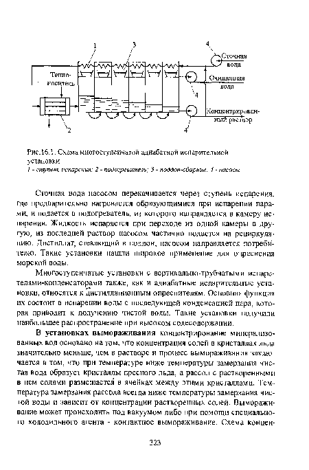 Сточная вода насосом перекачивается через ступень испарения, где предварительно нагревается образующимися при испарении парами, и подается в подогреватель, из которого направляется в камеру испарения. Жидкость испаряется при переходе из одной камеры в другую, из последней раствор насосом частично подается на рециркуляцию. Дистиллат, стекающий в поддон, насосом направляется потребителю. Такие установки нашли широкое применение для опреснения морской воды.