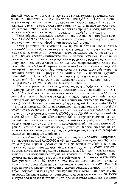 Если растения на делянках во время вегетация подверглись каким-либо повреждениям (в результате потрав, длительного застоя воды и др.), реакция на которые несортоспецифична, то перед уборкой следует сделать выключки таких частей делянки. Выключ ка должна иметь прямоугольную форму и распространяться на всю ширину делянки, захватывая по длине всю поврежденную часть ее. Выключки отмечают четырьмя колышками (по два с каждой стороны делянки) п выжинают. Протяженность их вдоль длинной сторон ы .делянки замеряют и результаты записывают в полевой журнал. Зная ширину делянки, легко рассчитать площадь выключки (или выключек). Она не должна превышать половину площади делянки. В противном случае делянку бракуют целиком.