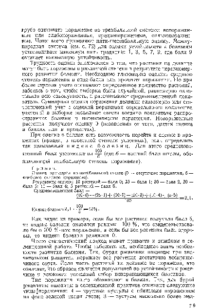 Результаты оценки: 10 растений — балл 0; 25 — балл 1; 30 — балл 2; 20 — балл 3; 10 •— балл 4; 5 растений — балл 5.