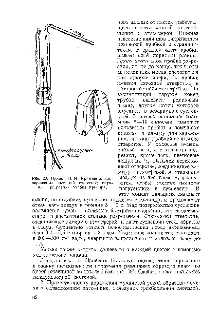 Прибор В. И. Кривченко для-заражения пыльной головней; справа— разрезная пробка прибора.