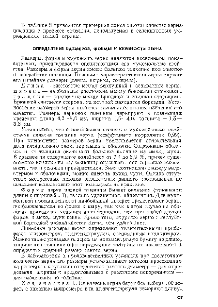 Размеры, форма и крупность зерна являются косвенными показателями, ориентировочно оценивающими его мукомольные свойства. Размеры и форма зерна имеют большое значение при очистке-и переработке пшеницы. Важными характеристиками зерна служат-его линейные размеры (длина, ширина, толщина).