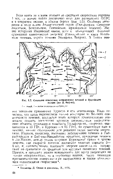 Сезонные изменения направления течений в Индийском океане (по П. Вейлю).