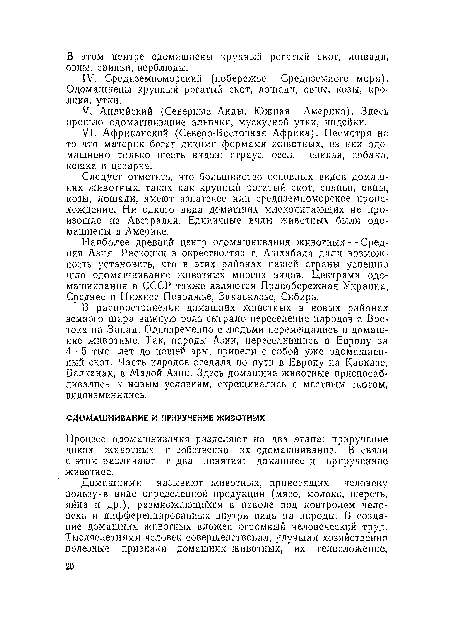 Наиболее древний центр одомашнивания животных — Средняя Азия. Раскопки в окрестностях г, Ашхабада дали возможность установить, что в этих районах нашей страны успешно шло одомашнивание животных многих видов. Центрами одомашнивания в СССР также являются Правобережная Украина, Среднее и Нижнее Поволжье, Закавказье, Сибирь.