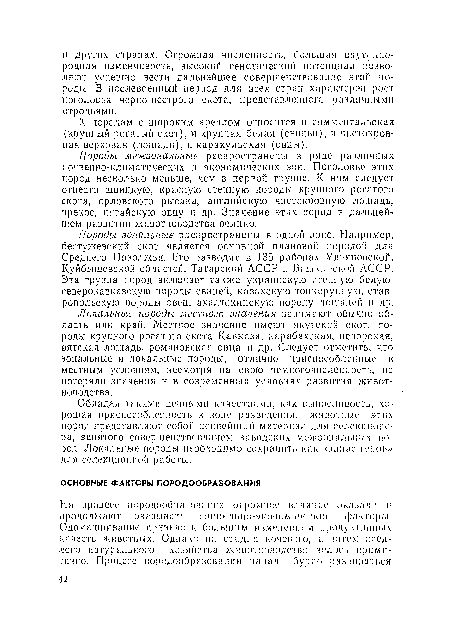 Локальные породы местного значения занимают обычно- область пли край. Местное значение имеют якутский скот, породы крупного рогатого скота Кавказа, карабахская, печорская, вятская лошадь, романовская овца и др. Следует отметить, что зональные и локальные породы, отлично приспособленные к местным условиям, несмотря на свою немногочисленность, не потеряли значения и в современных условиях развития животноводства.