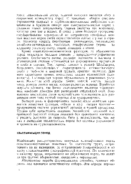 Наибольшее распространение получила классификация пород сельскохозяйственных животных по количеству труда, затраченного на их выведение, по направлению продуктивности и по месту происхождения (географический принцип). По количеству и качеству труда, затраченного на образование пород, их делят на три группы: аборигенные, заводские и переходные.