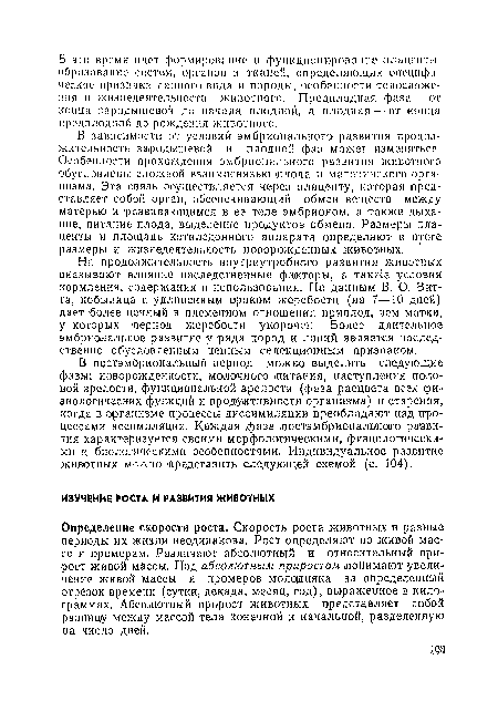 Определение скорости роста. Скорость роста животных в разные периоды их жизни неодинакова. Рост определяют по живой массе и промерам. Различают абсолютный и относительный прирост живой массы, Под абсолютным приростом понимают увеличение живой массы и промеров молодняка за определенный отрезок времени (сутки, декада, месяц, год), выраженное в килограммах. Абсолютный прирост животных представляет собой разницу между массой тела конечной и начальной, разделенную на число дней.