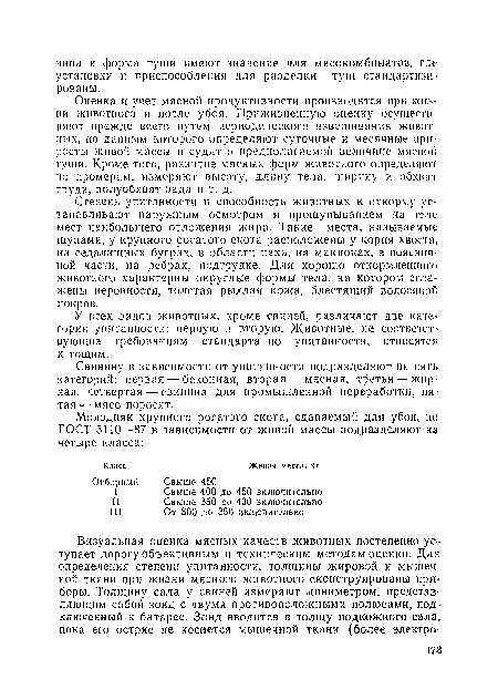 У всех видов животных, кроме >овиней, различают две категории упитанности: первую н вторую. Животные, не соответет вующне требованиям стандарта по упитанности, относятся к тощим.