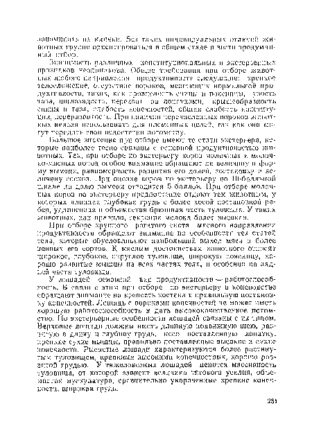 У лошадей основной вид продуктивности — работоспособность. В связи с этим при отборе но экстерьеру в коневодстве обращают внимание на крепость костяка и правильную постановку конечностей. Лошадь с пороками конечностей не. может иметь хорошую работоспособность и дать высококачественное потомство. Но экстерьерные особенности лошадей связаны с их типом. Верховые лошади должны иметь длинную подвижную шею, развитую в длину и глубину грудь, косо поставленную лопатку, крепкие сухие мышцы, правильно поставленные высокие и сухие конечности. Рысистые лошади характеризуются более растянутым туловищем, крепкими высокими конечностями, хорошо развитой грудью. У тяжеловозных лошадей ценится массивность туловища, от которой зависит величина тягового усилия, объемистая мускулатура, сравнительно укороченные крепкие конечности, широкая грудь.