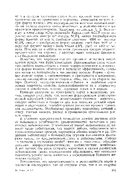 Проводя селекцию на пригодность коров к машинном)’ доению, следует учитывать, что, -помимо формирования целеустремленной племенной работой желательного генотипа животных, следует заботиться о создании для них хороших условий кормления и содержания, способствующих развитию нужных признаков молокоотдачи. Необходимо проводить подготовку нетелей к отелу, массаж вымени, раздой и правильную организацию доения коров.