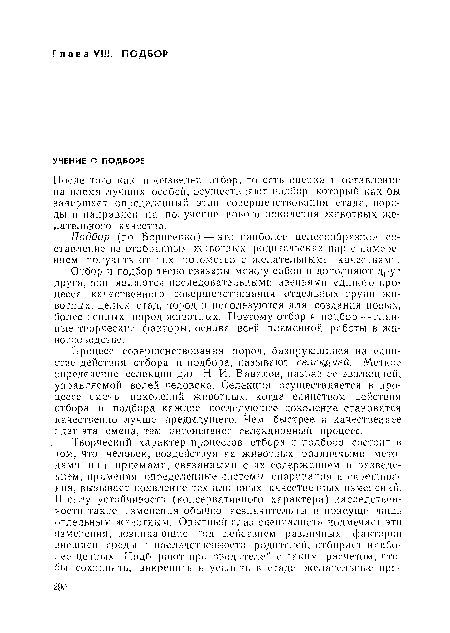 Отбор и подбор тесно связаны между собой п дополняют друг друга, они являются последовательными звеньями единого процесса качественного совершенствования отдельных групп животных, целых стад, пород н используются для создания новых, более ценных пород животных. Поэтому отбор и подбор—■ главные творческие факторы, основа всей племенной работы в животноводстве.