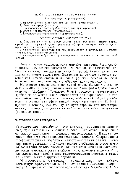 Биологическая сущность этих методов различна. При чистопородном разведении получают животных с одинаковой наследственностью, которые по типу и продуктивным качествам сходны со своим родителем. Помесным животным ¡присущи повышенная изменчивость и высокий уровень обмена веществ, нередко пышное развитие, что обусловлено гетерозисом.