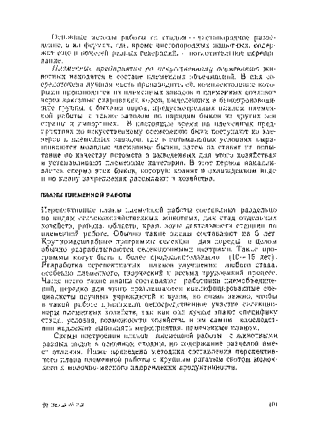 Перспективные планы племенной работы составляют раздельно по видам сельскохозяйственных животных, для стад отдельных хозяйств, района, области, края, зоны деятельности станции по племенной работе. Обычно такие планы составляют на 5 лет. Крупномасштабные программы селекции для породы в целом обычно разрабатываются селекционными центрами. Такие программы могут быть и более продолжительными (10—15 лет). Разработка перспективных планов улучшения любого стада, особенно племенного, творческий и весьма трудоемкий процесс. Чаще всего такие планы составляют работники племобъедине-нин, нередко для этого приглашаются квалифицированные специалисты научных учреждений и вузов, но очень важно, чтобы в такой работе принимали непосредственное участие селекционеры племенных хозяйств, так как они лучше знают специфику стада, условия, возможности хозяйства и им самим впоследствии надлежит выполнять мероприятия, намеченные планом.