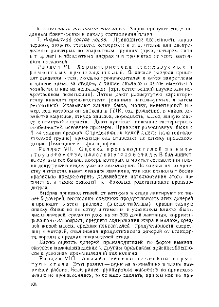 Раздел VI. Характеристика используемых и ремонтных производителен. В начале раздела приводят сведения о том, сколько производителей и какие закреплены н данное время за стадом, а также сколько и какие имеются в хозяйстве и как их используют (при естественной случке или искусственном осеменении). Затем дают развернутую характеристику каждого производителя (сначала используемых, а затем ремонтных). Указывают кличку быка, марку, инвентарный номер, под которым он записан в ГПК, год рождения, в каком хозяйстве выращен, откуда завезен, породность, класс, живую массу с отметкой возраста. Дают краткое описание экстерьерных особенностей, основные промеры. Приводят родословную быка с 3—4 рядами предков, Определяют, к какой линии (или генеалогической группе) производитель относится rio своему происхождению. Помещают его фотографию.