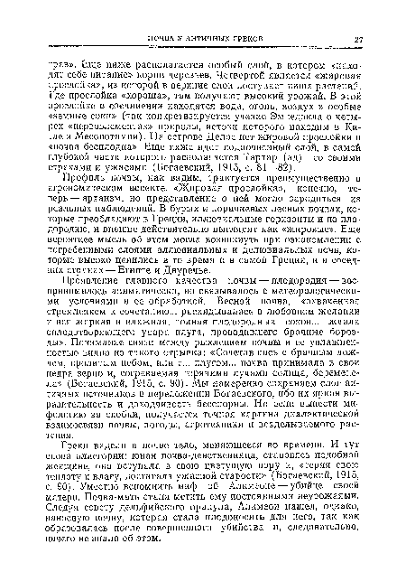 Профиль почвы, как видим, трактуется преимущественно в агрономическом аспекте. «Жировая прослойка», конечно, теперь— архаизм, но представление о ней могло зародиться из реальных наблюдений. В бурых и коричневых лесных почвах, которые преобладают в Греции, иллювиальные горизонты и по плодородию, и внешне действительно выглядят как «жировые». Еще вероятнее мысль об этом могла возникнуть при ознакомлении с погребенными слоями аллювиальных и делювиальных почв, которые высоко ценились в то время и в самой Греции, и в соседних странах — Египте и Двуречье.