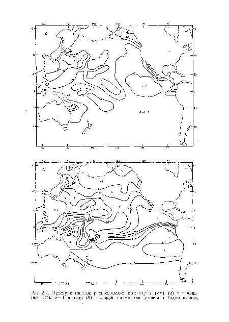 Пространственное распределение амплитуды (мм) (а) и начальной фазы от 1 января (б) годовой гармоники уровня в Тихом океане.