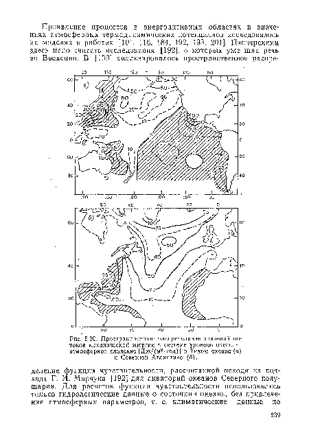 Пространственное распределение значений потоков механической энергии в системе уровень океана— атмосферное давление [Дж/(м2-год)] в Тихом океане (а) и Северной Атлантике (б).