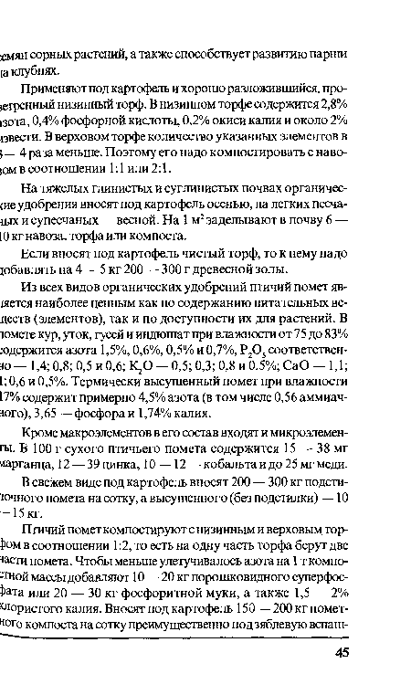 Применяют под картофель и хорошо разложившийся, про-(етренный низинный торф. В низинном торфе содержится 2,8% дота, 0,4% фосфорной кислоты, 0,2% окиси калия и около 2% ввести. В верховом торфе количество указанных элементов в — 4 раза меньше. Поэтому его надо компостировать с наво-IOM в соотношении 1:1 или 2:1.