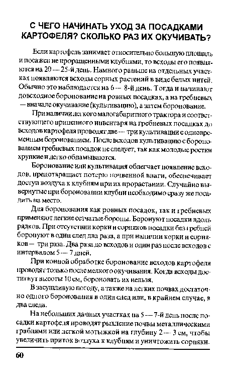 На небольших дачных участках на 5 — 7-й день после посадки картофеля проводят рыхление почвы металлическими граблями или легкой мотыжкой на глубину 2 — 3 см, чтобы увеличить приток воздуха к клубням и уничтожить сорняки.