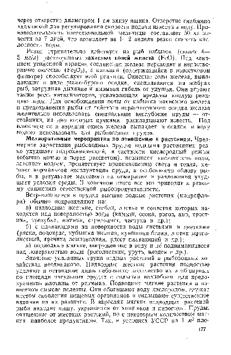 Мелиоративные мероприятия по отношению к растениям. Чрезмерное зарастание рыбоводных прудов водными растениями резко ухудшает гидрохимический, в частности кислородный режим (обычно ночью и перед рассветом), повышает кислотность воды, затеняет водоем, препятствует проникновению света и тепла, мешает нормальной эксплуатации пруда, в особенности облову рьт-бы, а в результате массового их отмирания и разложения ухудшает условия среды. В конечном итоге все это приводит к резкому снижению естественной рыбопродуктивности.