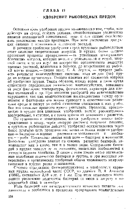 По сравнению с земледелием, когда удобрения вносят непосредственно в почву, через которую растения получают питание, в прудовом рыбоводстве действие удобрений осуществляется через более длинную цепь превращений: почва толща воды-> удобрение-»-бактерии-»-водные растениязоопланктон и зообен-тос— рыба. Начальные звенья этой цепи — бактерии и водоросли. Вносимые удобрения влияют на степень развития бактерий, находящихся как в почве, так и в толще воды. Содержание бактерий в прудах зависит от их состояния, зональных особенностей и методов ведения хозяйства. В связи с этим имеют место значительные колебания количества бактерий в прудах, и при внесении минеральных и органических удобрений общая численность микроорганизмов в прудах резко повышается.