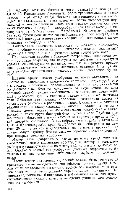 Значительное количество кислорода потребляет и Азо?оЬас/ег, хотя он обнаруживается как при сильном снижении содержания кислорода в воде, так и в перенасыщенной кислородом воде.