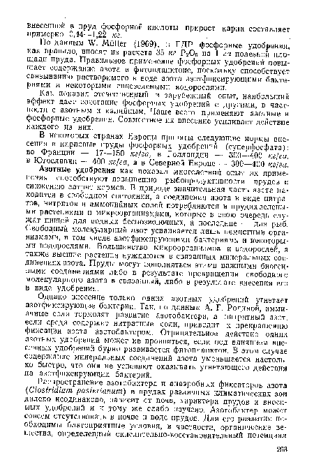 Азотные удобрения как показал многолетний опыт их применения способствуют повышению рыбопродуктивности прудов и снижению затрат кормов. В природе значительная часть азота находится в свободном состоянии, а соединения азота в виде нитратов, нитритов и аммонийных солей потребляются в прудах зелеными растениями и микроорганизмами, которые в свою очередь служат пищей для водных беспозвоночных, а последние — для рыб. Свободный молекулярный азот усваивается лишь немногими организмами, в том числе азотфиксирующими бактериями и некоторыми водорослями. Большинство микроорганизмов и водорослей, а также высшие растения нуждаются в связанных минеральных соединениях азота. Пруды могут пополняться этими важными биогенными соединениями либо в результате превращения свободного молекулярного азота в связанный, либо в результате внесения его в виде удобрения.