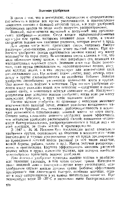 В связи с тем, что в земледелии, садоводстве и огородничестве потребность в навозе все время увеличивается, а приготовление компостов связано с большой затратой труда, эти виды удобрений рыбоводных прудов не везде могут получить распространение.