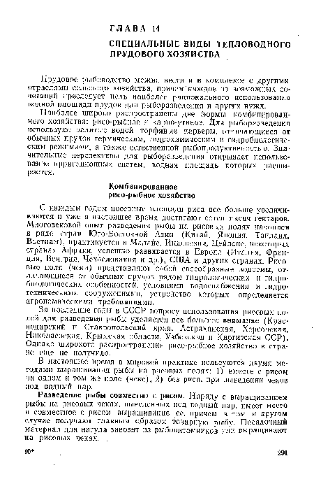 Разведение рыбы совместно с рисом. Наряду с выращиванием рыбы на рисовых чеках, выведенных под водный пар, имеет место и совместное с рисом выращивание ее, причем в том и другом случае получают главным образом товарную рыбу. Посадочный материал для нагула завозят из рыбопитомников или выращивают на рисовых чеках.