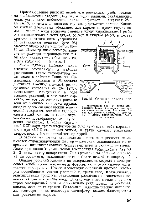 Мелководность рисовых чеков, высокая температура в районах рисосеяния (днем температура воды чеков в районах Ташкента, Самарканда, Коканда и Маргелана достигает 36—38°С и выше), резкие суточные колебания ее (до 19°С), проточность, присутствие в воде высших растений, в том числе сорняков, — все это отличает рисовые чеки от обычных карповых прудов, создает здесь специфический термический, гидрохимический и гидробиологический режимы, а также обусловливает своеобразную технику ведения хозяйства. В чеках Киргизской ССР карп при температуре до 40°С чувствовал себя нормально, а при 43,2°С становился вялым. В таких случаях усиливают приток воды с более низкой температурой.