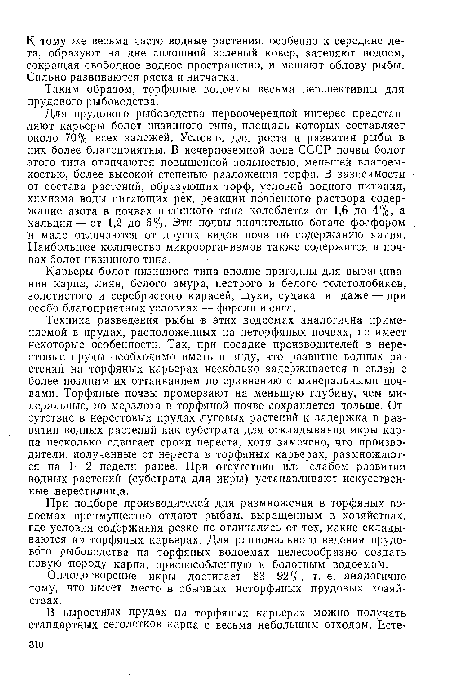 Для прудового рыбоводства первоочередной интерес представляют карьеры болот низинного типа, площадь которых составляет около 70% всех залежей. Условия для роста и развития рыбы в них более благоприятны. В нечерноземной зоне СССР почвы болот этого типа отличаются повышенной зольностью, меньшей влагоем-костыо, более высокой степенью разложения торфа. В зависимости от состава растений, образующих торф, условий водного питания, химизма воды питающих рек, реакции почвенного раствора содержание азота в почвах низинного типа колеблется от 1,6 до 4%, а кальция — от 1,2 до 6%. Эти почвы значительно богаче фосфором и мало отличаются от других видов почв по содержанию калия. Наибольшее количество микроорганизмов также содержится в почвах болот низинного типа.