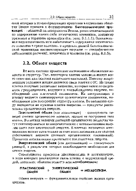 Во всех клетках происходит интенсивное обновление веществ и структур. Так, некоторые клетки человека живут всего один-два дня (клетки кишечного эпителия). Поэтому непременным условием жизни является связь клетки с ОС. Из среды клетка получает различные вещества, которые затем подвергаются превращениям, ведущим к высвобождению энергии, необходимой для клеточной активности. Из поступающих в клетку веществ синтезируются органические соединения, необходимые для построения структур клетки. Во внешнюю среду выводятся не нужные клетке вещества — продукты разложения органических веществ.