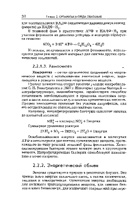 Освобождающаяся энергия накапливается в молекулах АТФ и используется для синтеза органических веществ, протекающего по типу реакций темновой фазы фотосинтеза. Хемосинтезирующие бактерии играют важную роль в круговороте веществ. Нитрофицирующие бактерии способствуют накоплению в почве нитратов.