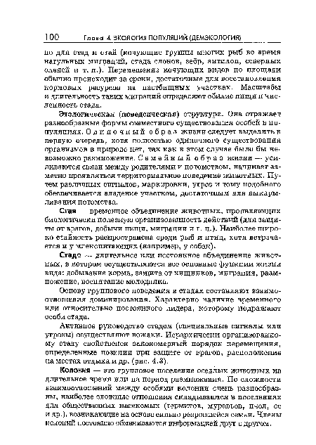 Этологическая (поведенческая) структура. Она отражает разнообразные формы совместного существования особей в популяциях. Одиночный образ жизни следует выделить в первую очередь, хотя полностью одиночного существования организмов в природе нет, так как в этом случае было бы невозможно размножение. Семейный образ жизни — усиливаются связи между родителями и потомством, начинает заметно проявляться территориальное поведение животных. Путем различных сигналов, маркировки, угроз и тому подобного обеспечивается владение участком, достаточным для выкармливания потомства.