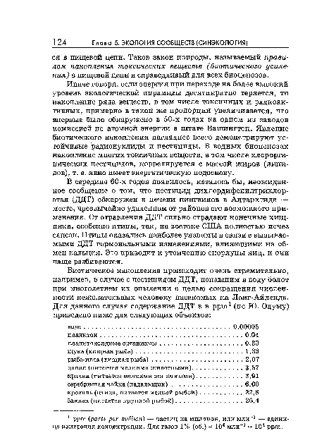 Иначе говоря, если энергия при переходе на более высокий уровень экологической пирамиды десятикратно теряется, то накопление ряда веществ, в том числе токсичных и радиоактивных, примерно в такой же пропорции увеличивается, что впервые было обнаружено в 50-х годах на одном из заводов комиссией по атомной энергии в штате Вашингтон. Явление биотического накопления нагляднее всего демонстрируют устойчивые радионуклиды и пестициды. В водных биоценозах накопление многих токсичных веществ, в том числе хлорорга-нических пестицидов, коррелируется с массой жиров (липидов), т. е. явно имеет энергетическую подоснову.