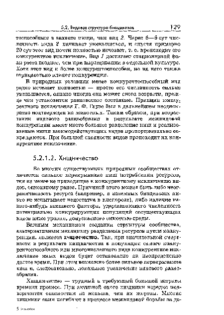 В природных условиях менее конкурентоспособный вид редко исчезает полностью — просто его численность сильно уменьшается» однако иногда она может снова возрасти, прежде чем установится равновесное состояние. Принцип конкурентного исключения Г. Ф. Гаузе был в дальнейшем неоднократно подтвержден на животных. Таким образом, при возрастании видового разнообразия в результате межвидовой конкуренции имеет место большее разделение ниш и реализованные ниши взаимодействующих видов пропорционально сокращаются. При большой сходности видов происходит их конкурентное исключение.