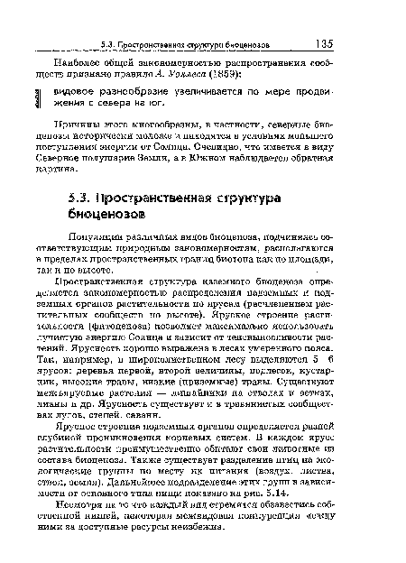 Ярусное строение подземных органов определяется разной глубиной проникновения корневых систем. В каждом ярусе растительности преимущественно обитают свои животные из состава биоценоза. Также существует разделение птиц на экологические группы по месту их питания (воздух, листва, ствол, земля). Дальнейшее подразделение этих групп в зависимости от основного типа пищи показано на рис. 5.14.