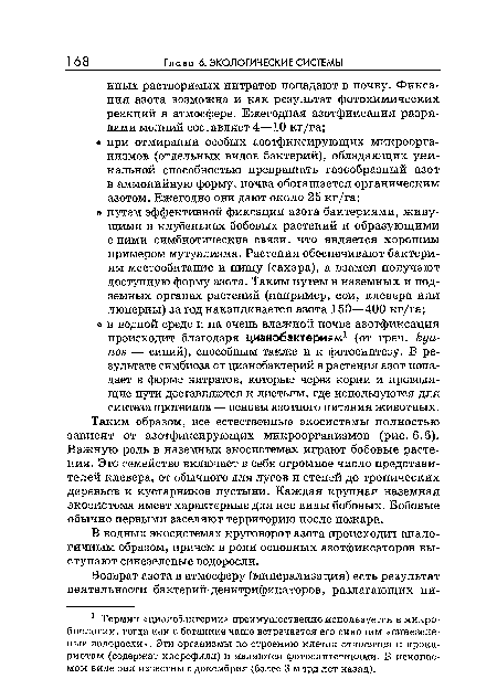 В водных экосистемах круговорот азота происходит аналогичным образом, причем в роли основных азотфиксаторов выступают синезеленые водоросли.