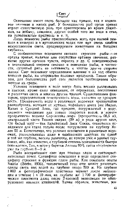 Освещение имеет очень большое как прямое, так и косвенное значение в жизни рыб. У большинства рыб орган зрения играет существенную роль при ориентировке во время движения, на добычу, хищника, других особей того же вида в стае, на неподвижные предметы и т. п.