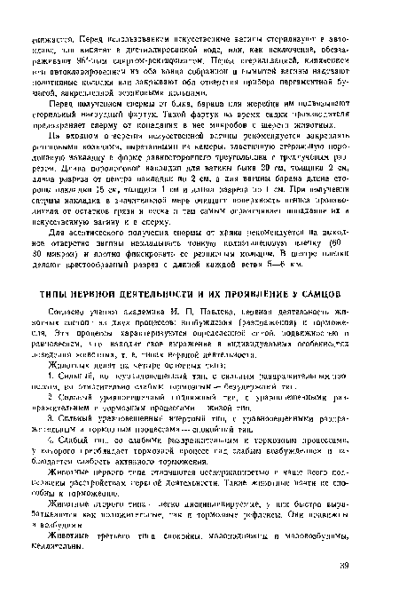 Для асептического получения спермы от хряка рекомендуется на выходное отверстие вагины накладывать тонкую полиэтиленовую пленку (60— 80 микрои) и плотно фиксировать ее резиновым кольцом. В центре пленки делают крестообразный разрез с длиной каждой ветви 5—6 мм.