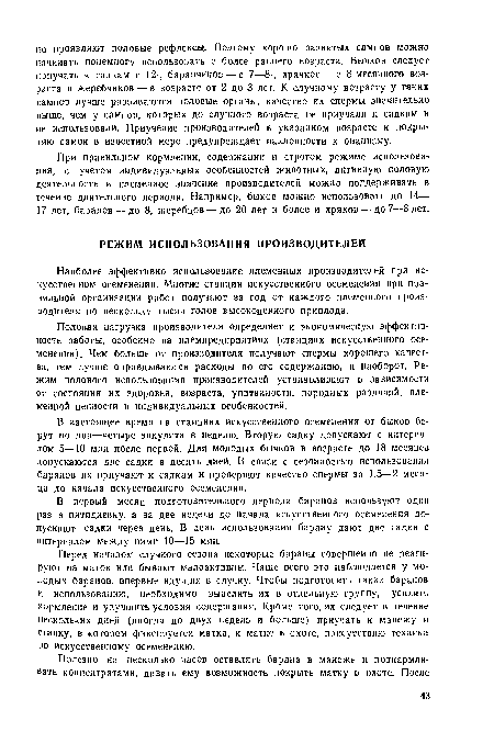 Перед началом случного сезона некоторые бараны совершенно не реагируют на маток или бывают малоактивны. Чаще всего это наблюдается у молодых баранов, впервые идущих в случку. Чтобы подготовить таких баранов к использованию, необходимо выделить их в отдельную группу, усилить кормление и улучшить условия содержания. Кроме того, их следует в течение нескольких дней (иногда до двух недель и больше) приучать к манежу и станку, в котором фиксируется матка, к матке в охоте, присутствию техника по искусственному осеменению.