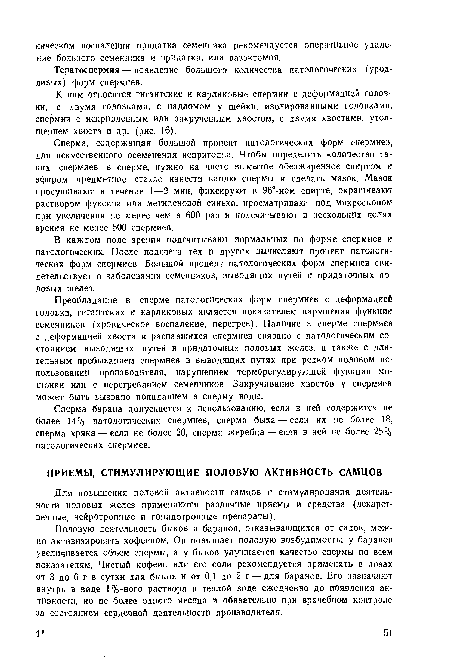 Половую деятельность быков и баранов, отказывающихся от садок, можно активизировать кофеином. Он повышает половую возбудимость; у баранов увеличивается объем спермы, а у быков улучшается качество спермы по всем показателям. Чистый кофеин или его соли рекомендуется применять в дозах от 3 до 6 г в сутки для быков и от 0,1 до 2 г — для баранов. Его назначают внутрь в виде 1%-ного раствора в теплой воде ежедневно до появления активности, но не более одного месяца и обязательно при врачебном контроле за состоянием сердечной деятельности производителя.