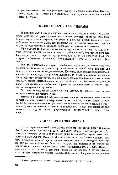 При эякуляции к семенной жидкости примешиваются секреты, под влиянием которых кислая реакция сменяется слабощелочной. Возрастает количество электролитов, с секретом пузырьковидных желез добавляются фруктоза, цитрат, небольшое количество аскорбиновой кислоты, различные ферменты.