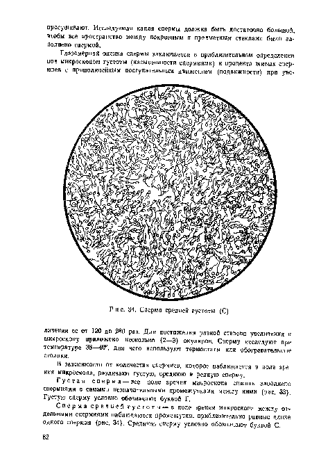 Сперма средней густоты — в поле зрения микроскопа между отдельными спермиями наблюдаются промежутки, приблизительно равные длине одного спермия (рис. 34). Среднюю сперму условно обозначают буквой С.