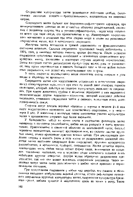 Сокращения матки бывают как безусловно-рефлекторного характера, при непосредственном влиянии иа ее слизистую оболочку раздражителей, связанных с введением спермы, так н условно-рефлекторного,— через кору головного мозга при виде самца, его прикосновении и пр. Манипуляция искусственного осеменения и вводимая при этом сперма ведут к таким же реактивным сокращениям матки, как и естественное спаривание.