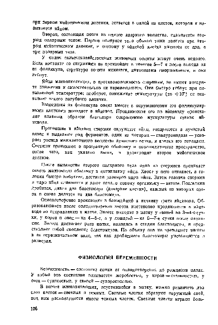 Оплодотворение происходит в ближайшей к яичнику трети яйцевода. Образовавшаяся после оплодотворения зигота постепенно продвигается в яйцеводе по направлению к матке. Зигота выходит в матку у свиней на 3—4-е сутки, у коров и овец — на 4—5-е, а у лошадей — на 6—7-е сутки после овуляции. Зигота достигает рога матки, находясь в стадии бластоцисты, и представляет собой скопление бластомеров. По объему она не превышает зиготы в ее первоначальном виде, так как дробящиеся бластомеры уменьшаются в размерах.