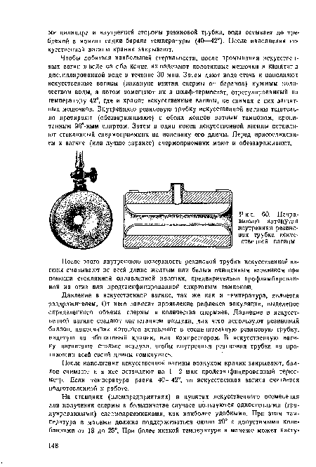 После этого внутреннюю поверхность резиновой трубки искусственной вагины смазывают по всей длине желтым или белым очищенным вазелином при помощи стеклянной оплавленной палочки, предварительно профламбнрован-нон на огне нли продезинфицированной спиртовым тампонои.